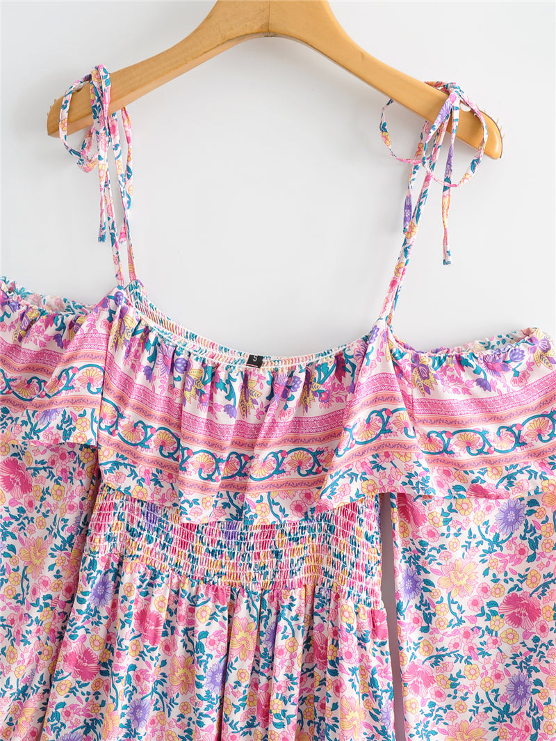 Boho Mini Dress Off  Shoulder Sundress, Pastel Pink  Rose