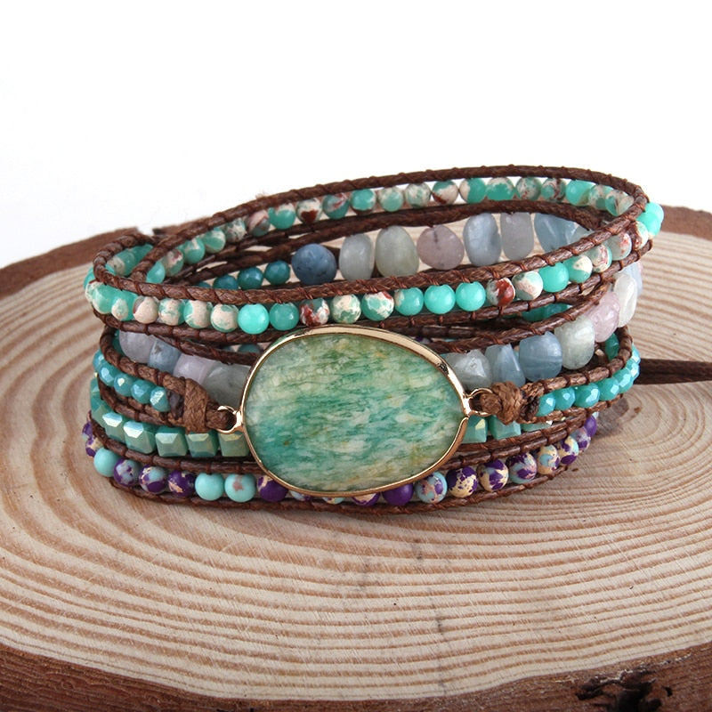 Boho Bracelet, RH 4 Layers Leather Wrap Bracelet, 4 mm Armbander Black Blue Natural Stones