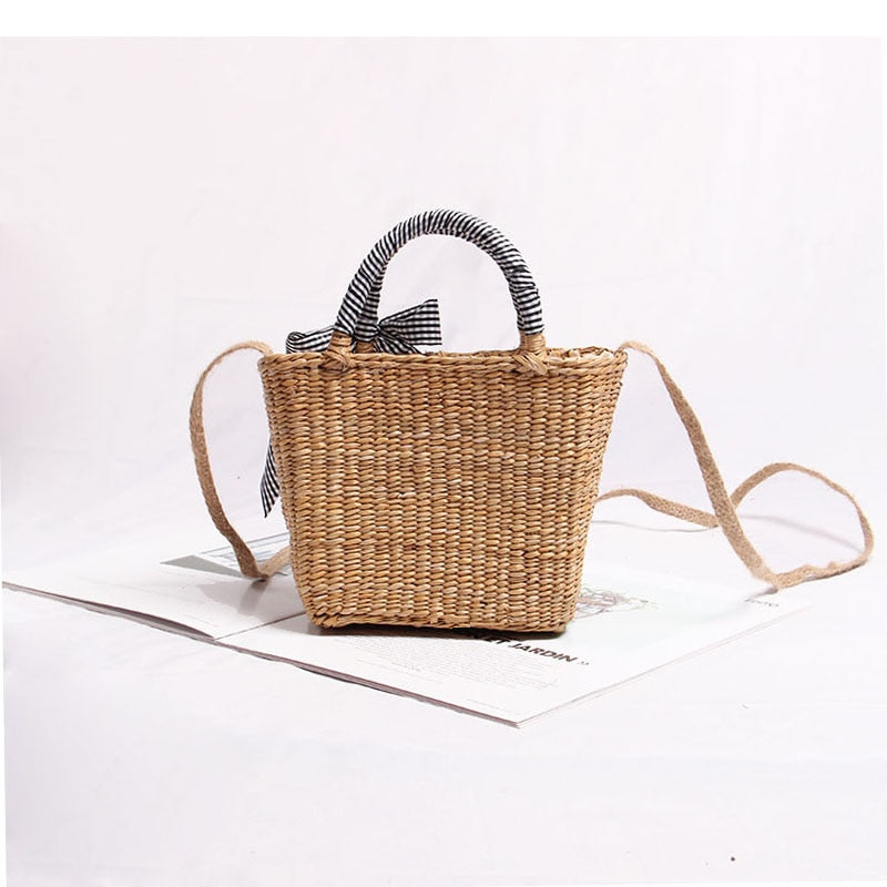 Boho Bag, Woven Straw Basket Bag, Rattan Bag, Blue Plaid Ribbon