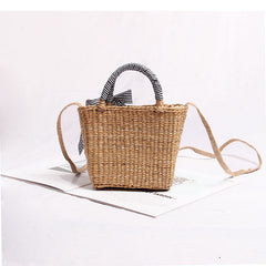 Boho Bag, Woven Straw Basket Bag, Rattan Bag, Blue Plaid Ribbon