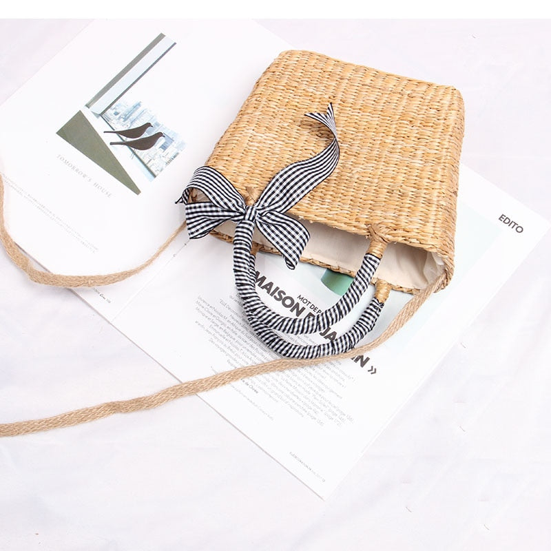 Boho Bag, Woven Straw Basket Bag, Rattan Bag, Blue Plaid Ribbon