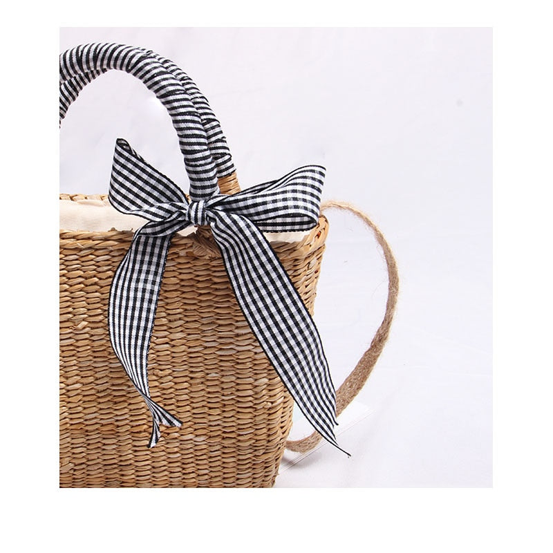 Boho Bag, Woven Straw Basket Bag, Rattan Bag, Blue Plaid Ribbon