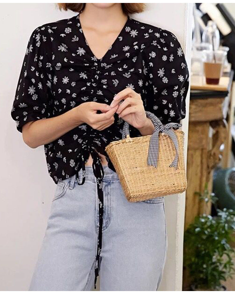 Boho Bag, Woven Straw Basket Bag, Rattan Bag, Blue Plaid Ribbon