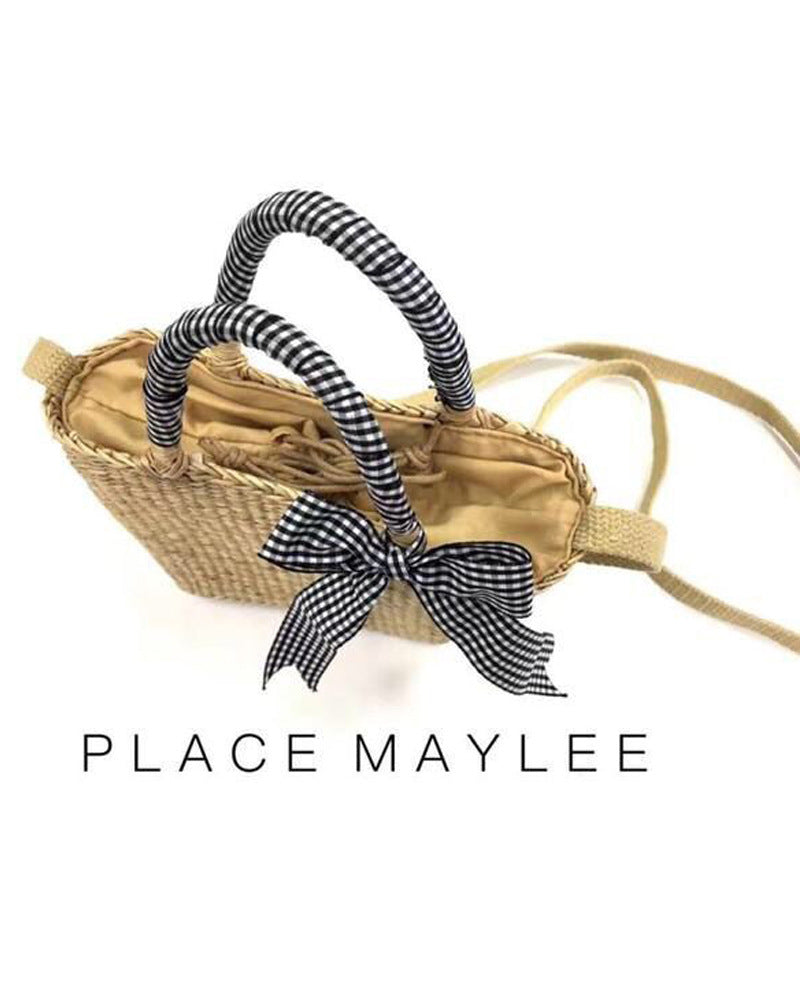 Boho Bag, Woven Straw Basket Bag, Rattan Bag, Blue Plaid Ribbon