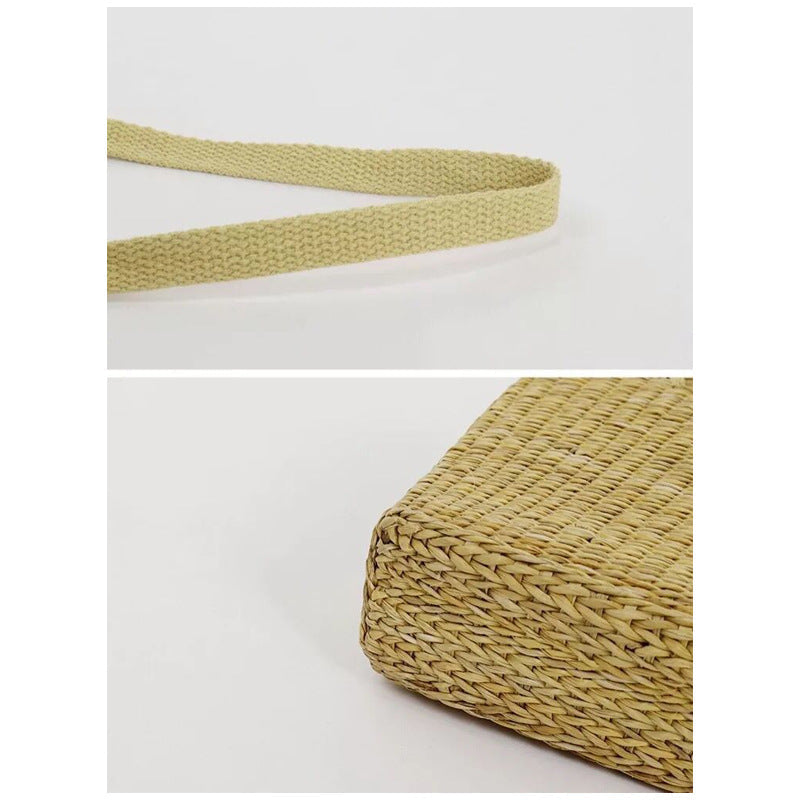 Boho Bag, Woven Straw Basket Bag, Rattan Bag, Blue Plaid Ribbon