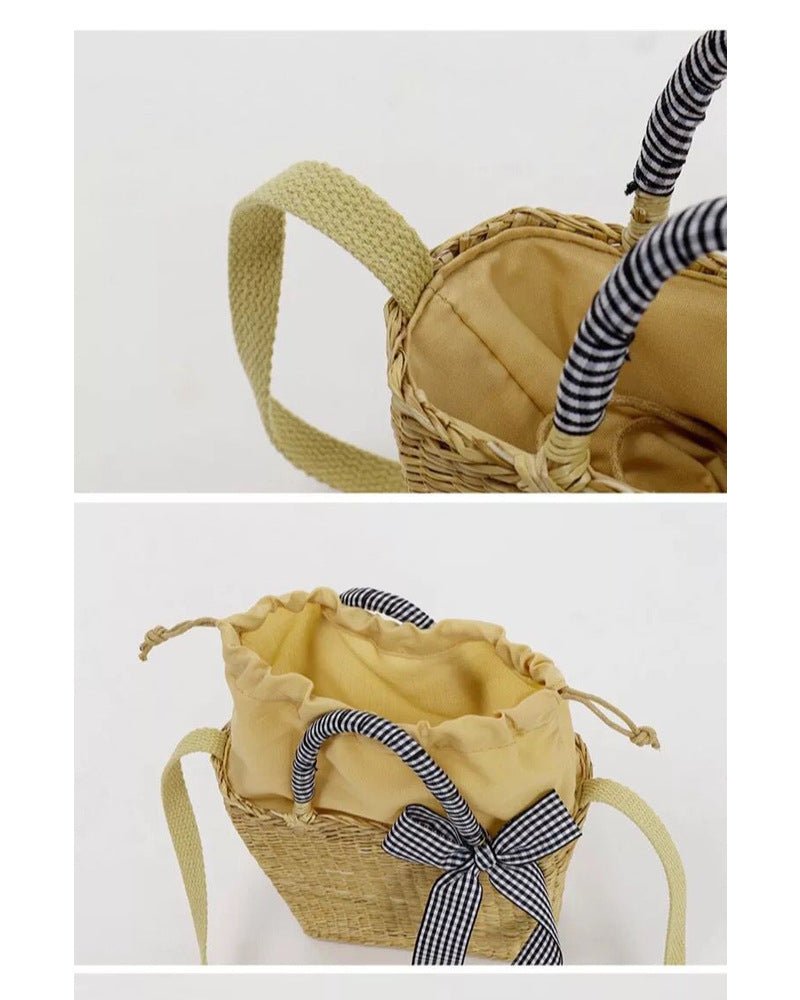 Boho Bag, Woven Straw Basket Bag, Rattan Bag, Blue Plaid Ribbon