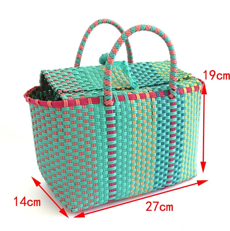 Boho Bag, Woven Plastic Basket Bag, Blue Beach