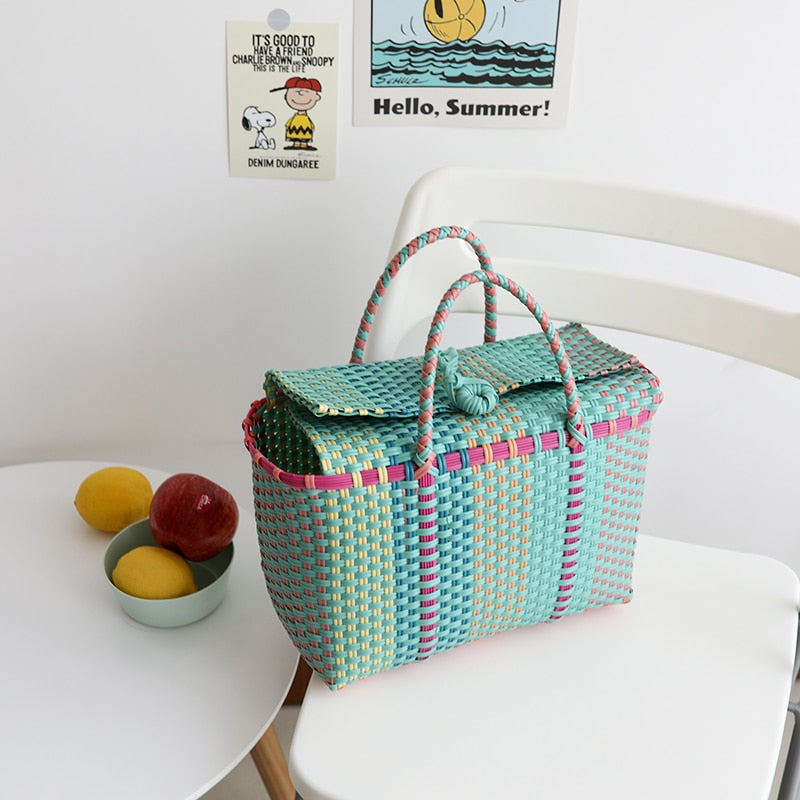 Boho Bag, Woven Plastic Basket Bag, Blue Beach