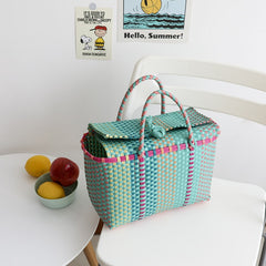 Boho Bag, Woven Plastic Basket Bag, Blue Beach