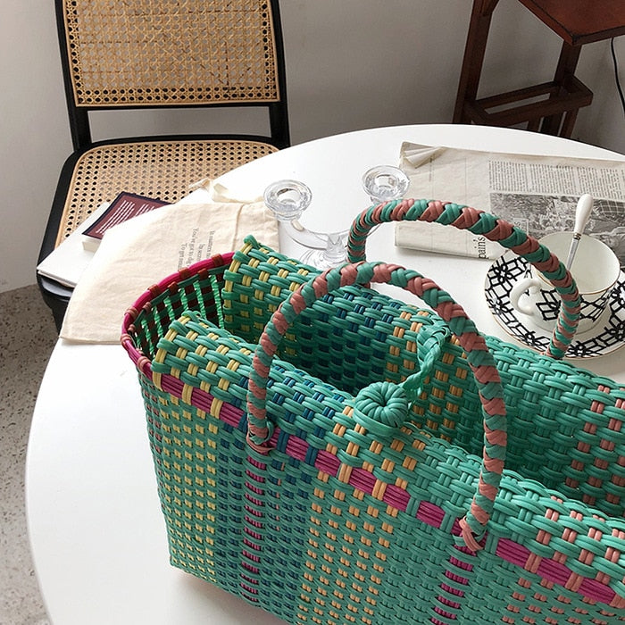 Boho Bag, Woven Plastic Basket Bag, Blue Beach