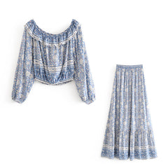 Boho Two Piece Set, Crop Top and Skirt, Wild Flower Blue Sky