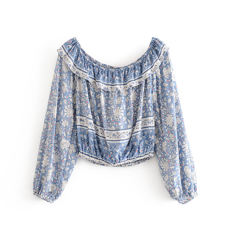 Boho Two Piece Set, Crop Top and Skirt, Wild Flower Blue Sky