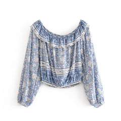 Boho Two Piece Set, Crop Top and Skirt, Wild Flower Blue Sky