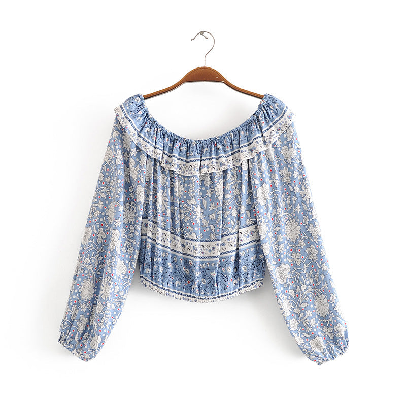 Boho Two Piece Set, Crop Top and Skirt, Wild Flower Blue Sky