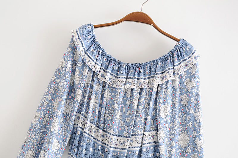 Boho Two Piece Set, Crop Top and Skirt, Wild Flower Blue Sky