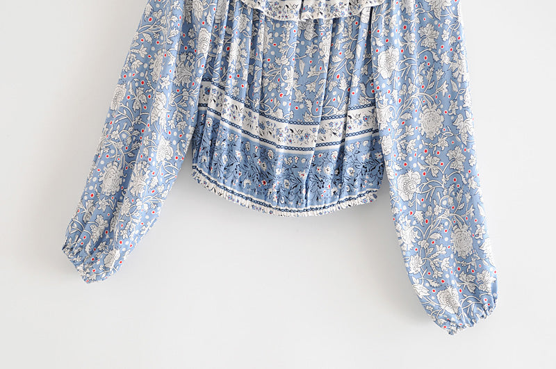 Boho Two Piece Set, Crop Top and Skirt, Wild Flower Blue Sky
