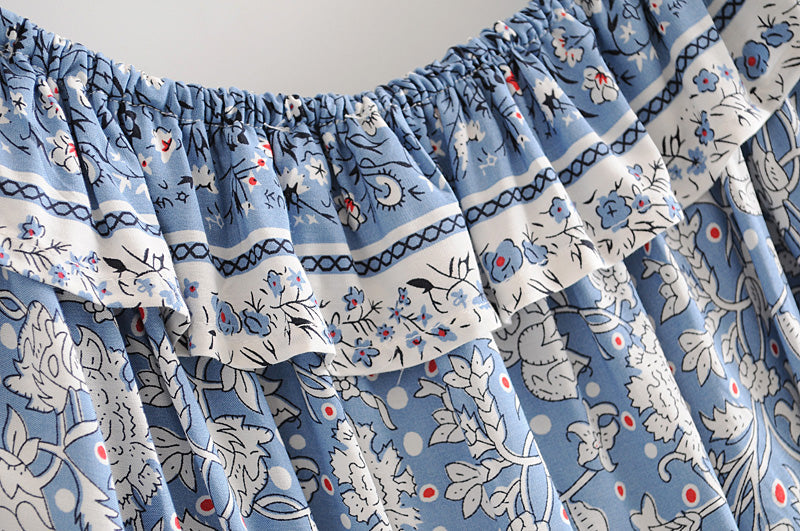 Boho Two Piece Set, Crop Top and Skirt, Wild Flower Blue Sky