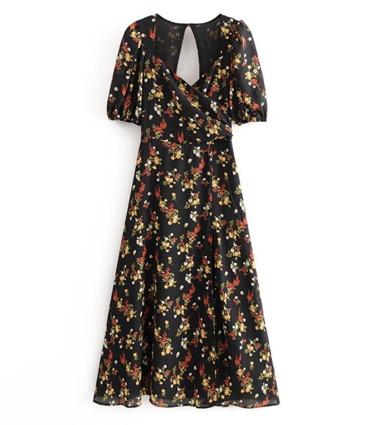 Boho Midi Dress, Midnight Black Garden