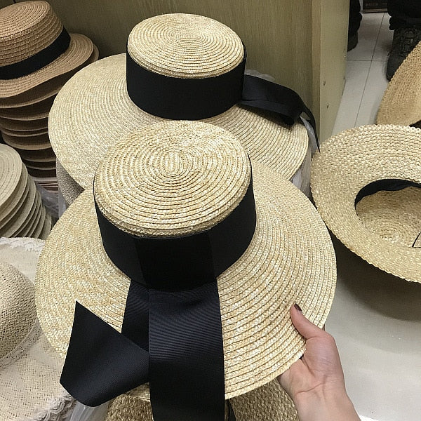 Boho Hat, Sun Hat, Beach Hat, Wide Brim Straw Hat, Vintage Big Black Ribbon