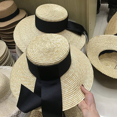 Boho Hat, Sun Hat, Beach Hat, Wide Brim Straw Hat, Vintage Big Black Ribbon