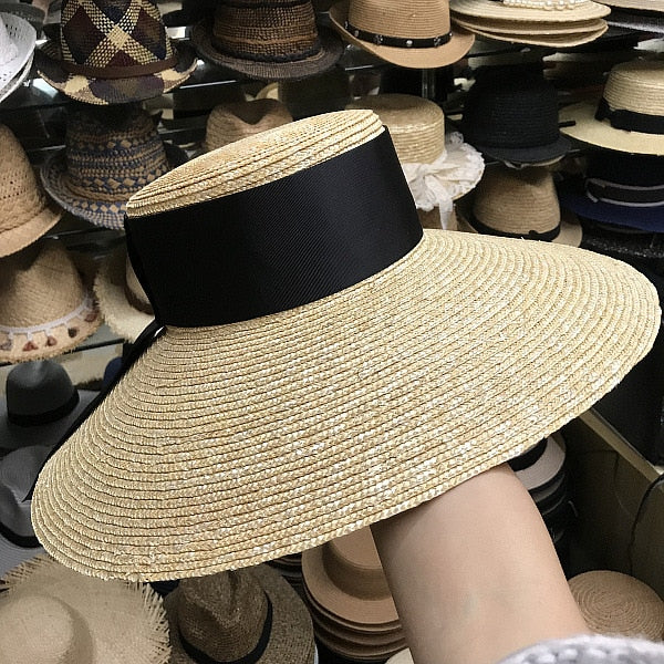Boho Hat, Sun Hat, Beach Hat, Wide Brim Straw Hat, Vintage Big Black Ribbon