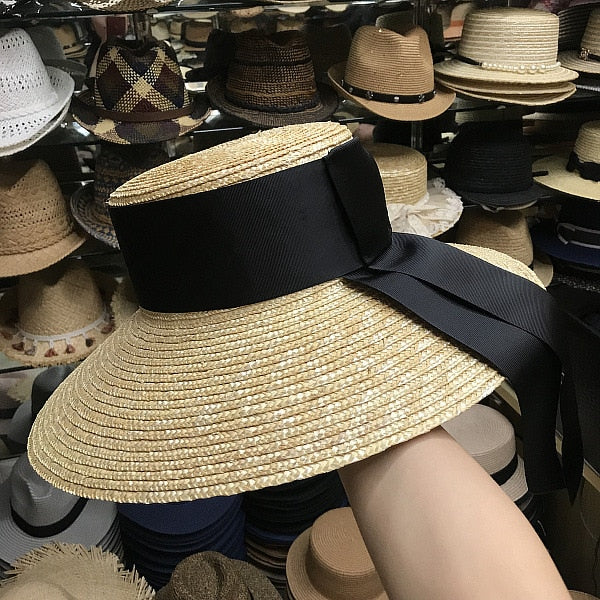 Boho Hat, Sun Hat, Beach Hat, Wide Brim Straw Hat, Vintage Big Black Ribbon