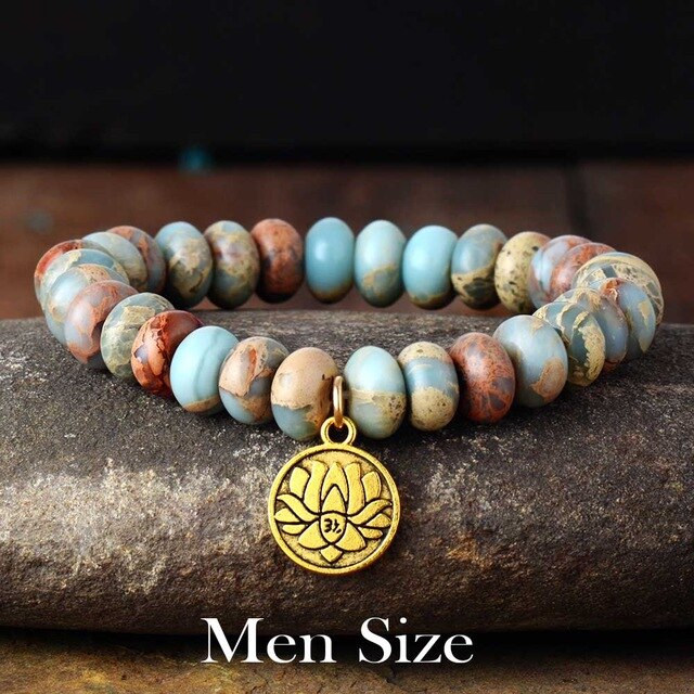 Boho Bracelet, Stretchy Bracelet, 10MM Brown Imperial Japser Lotus