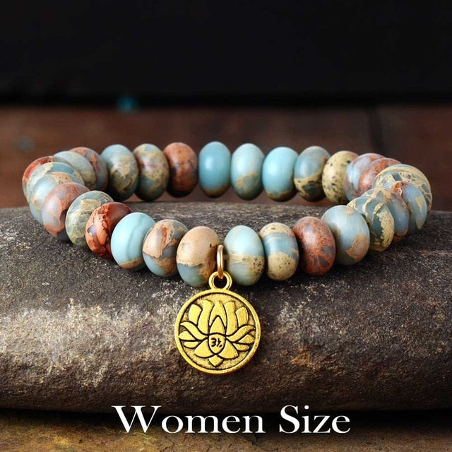 Boho Bracelet, Stretchy Bracelet, 10MM Brown Imperial Japser Lotus
