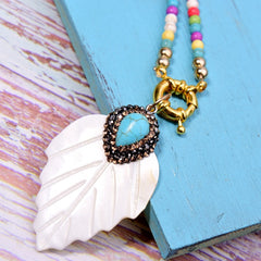 Boho Necklace, Blue Colorful  Leaf Shell