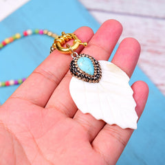 Boho Necklace, Blue Colorful  Leaf Shell