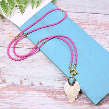 Boho Necklace, Blue Colorful  Leaf Shell