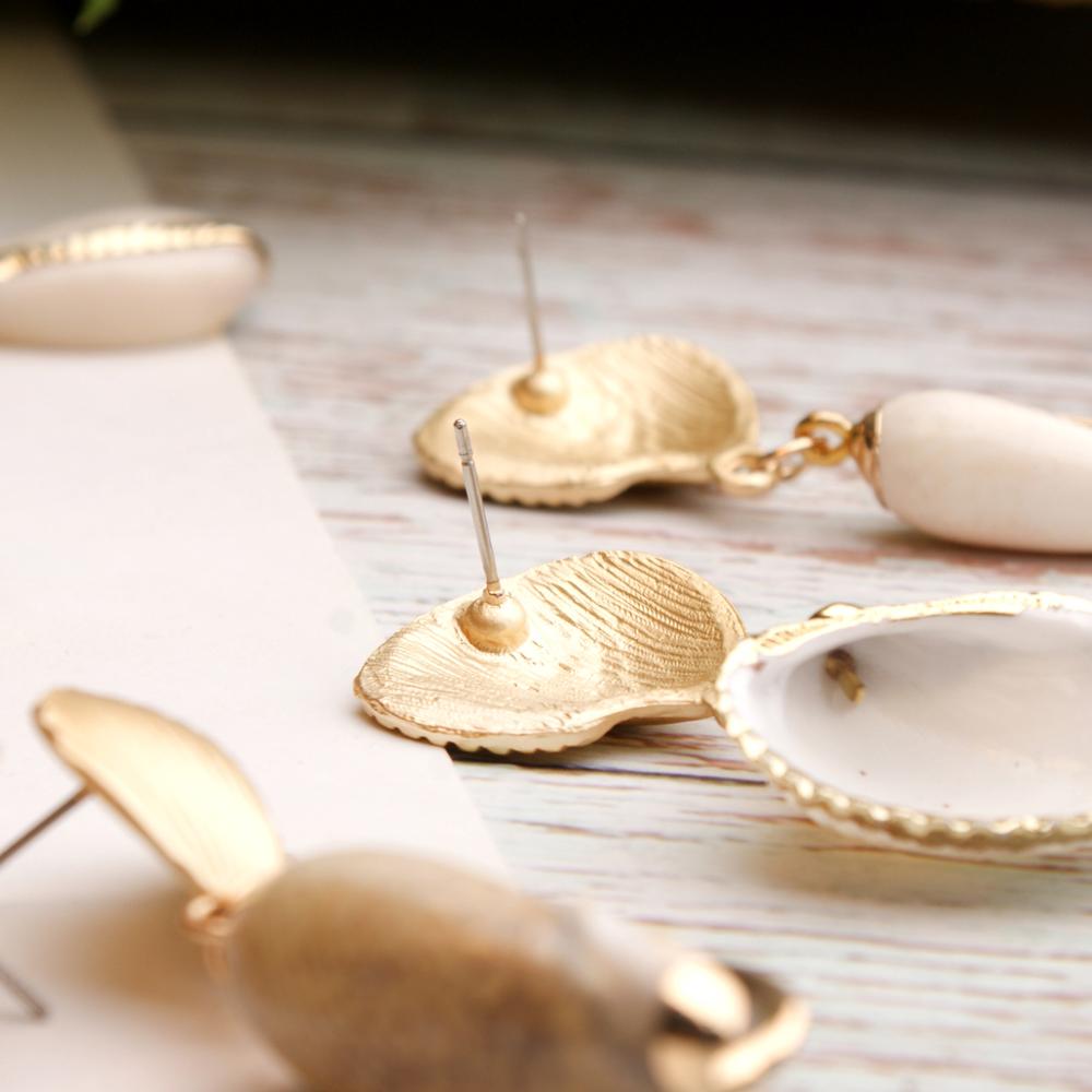 Boho Earrings, Dangle Earrings, Natural Shell Cowrie White Gold
