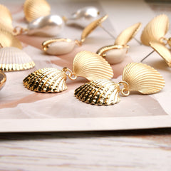 Boho Earrings, Dangle Earrings, Natural Shell Cowrie White Gold
