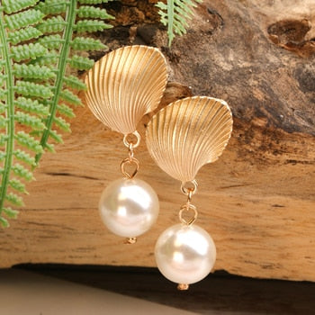 Boho Earrings, Dangle Earrings, Natural Shell Cowrie White Gold