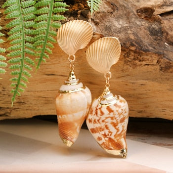 Boho Earrings, Dangle Earrings, Natural Shell Cowrie White Gold