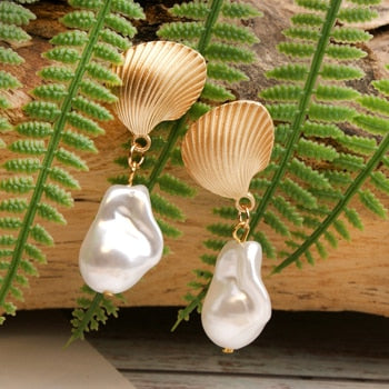 Boho Earrings, Dangle Earrings, Natural Shell Cowrie White Gold