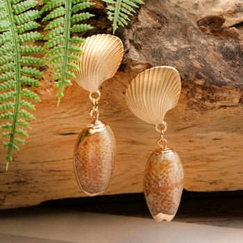 Boho Earrings, Dangle Earrings, Natural Shell Cowrie White Gold