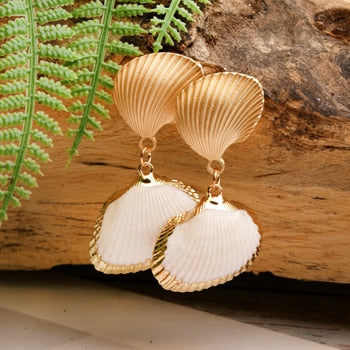 Boho Earrings, Dangle Earrings, Natural Shell Cowrie White Gold