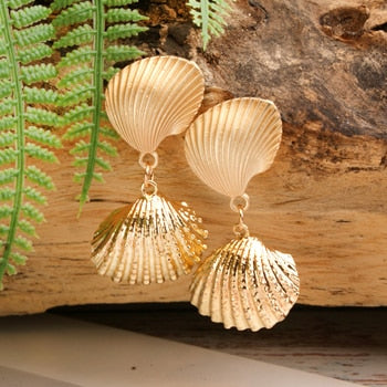 Boho Earrings, Dangle Earrings, Natural Shell Cowrie White Gold