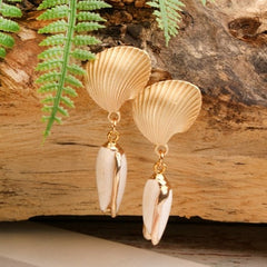 Boho Earrings, Dangle Earrings, Natural Shell Cowrie White Gold
