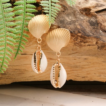 Boho Earrings, Dangle Earrings, Natural Shell Cowrie White Gold
