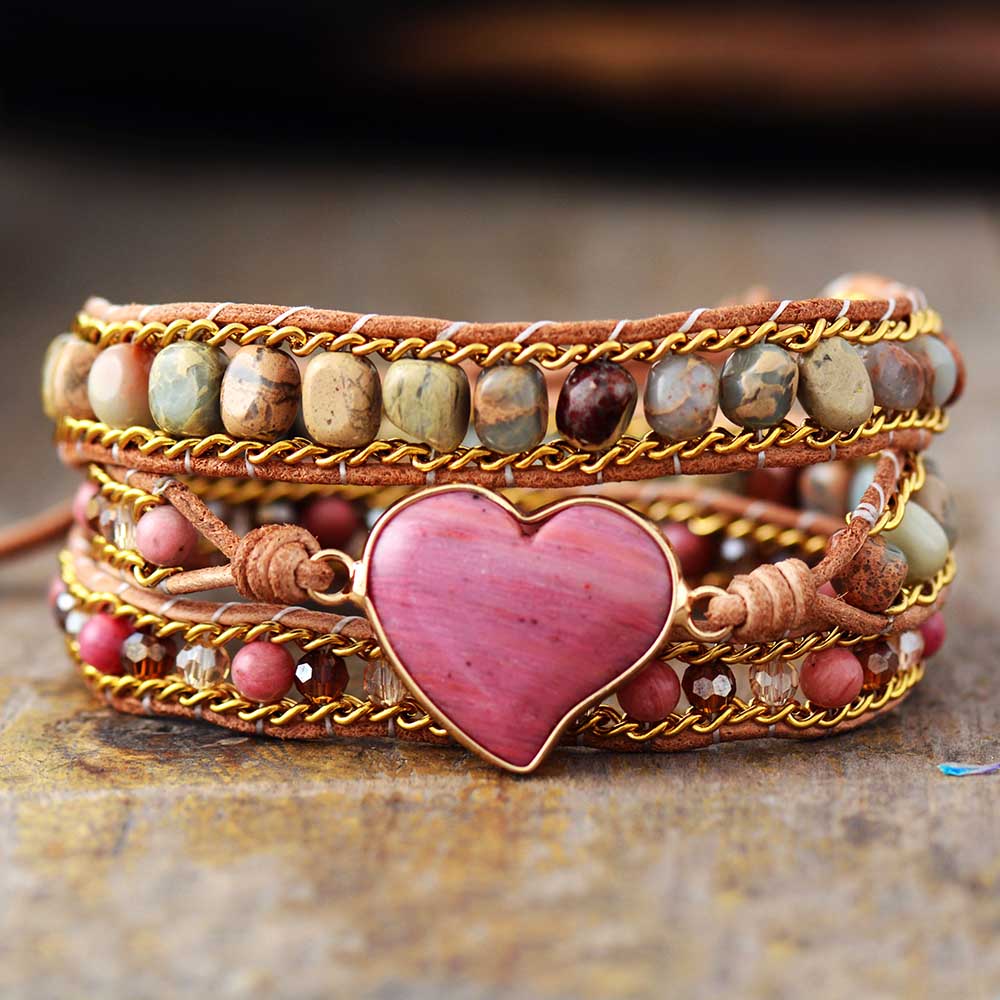Boho Bracelet, 3 Layers Leather Wrap Bracelet, Jasper Rhodonite Heart