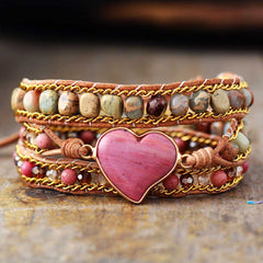 Boho Bracelet, 3 Layers Leather Wrap Bracelet, Jasper Rhodonite Heart