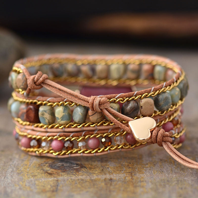 Boho Bracelet, 3 Layers Leather Wrap Bracelet, Jasper Rhodonite Heart
