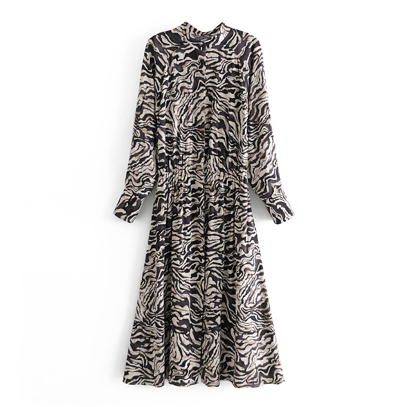 Boho Midi Dress, Tie Neck, Winter Black White Zebra