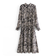 Boho Midi Dress, Tie Neck, Winter Black White Zebra