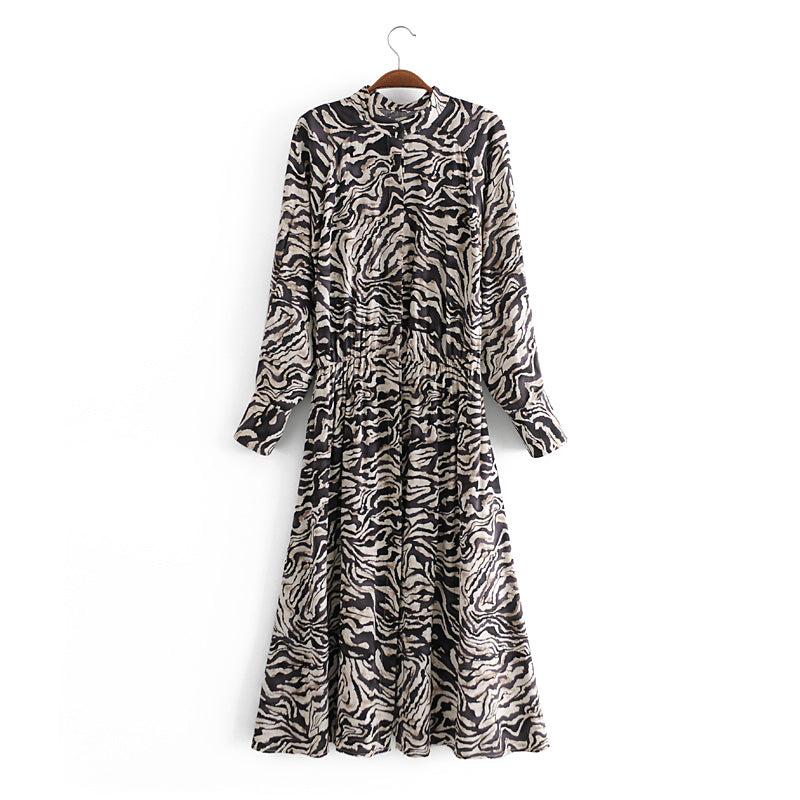Boho Midi Dress, Tie Neck, Winter Black White Zebra