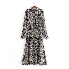 Boho Midi Dress, Tie Neck, Winter Black White Zebra