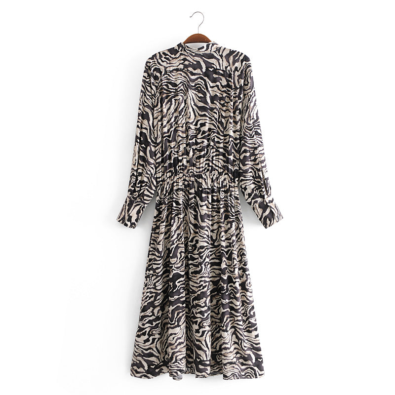 Boho Midi Dress, Tie Neck, Winter Black White Zebra