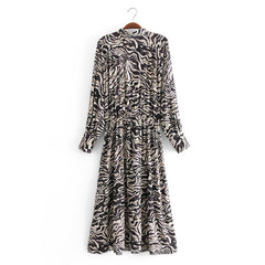 Boho Midi Dress, Tie Neck, Winter Black White Zebra